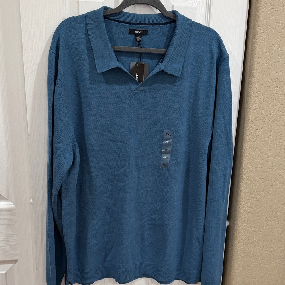Alfani Blue Wool blend Long Sleeve Polo Shirt